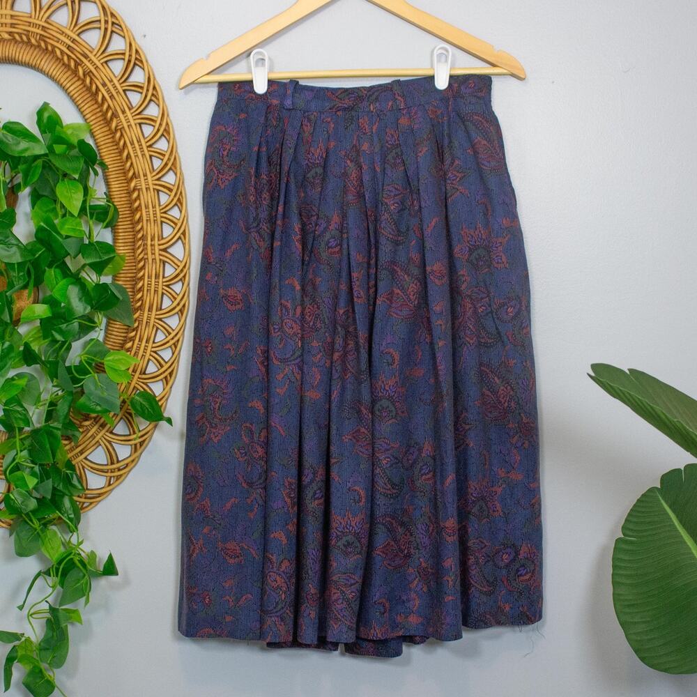 Vtg 16 Doréne Skirt Blue Paisley Floral Midi Lined Ireland | Dark Autumn